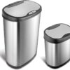 NINESTARS CB-DZT-50-13/12-13 Automatic Touchless Infrared Motion Sensor Trash Can Combo Set, 13 Gal 50L & 3 Gal 12L, Stainless Steel Base (Oval, Silver/Black Lid)