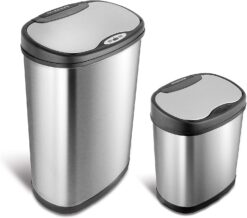 NINESTARS CB-DZT-50-13/12-13 Automatic Touchless Infrared Motion Sensor Trash Can Combo Set, 13 Gal 50L & 3 Gal 12L, Stainless Steel Base (Oval, Silver/Black Lid)
