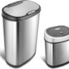 NINESTARS CB-DZT-50-13/12-9 Automatic Touchless Infrared Motion Sensor Trash Can Combo Set, 13 Gal 50L & 3 Gal 12L, Stainless Steel Base (Oval, Silver/Black Lid)