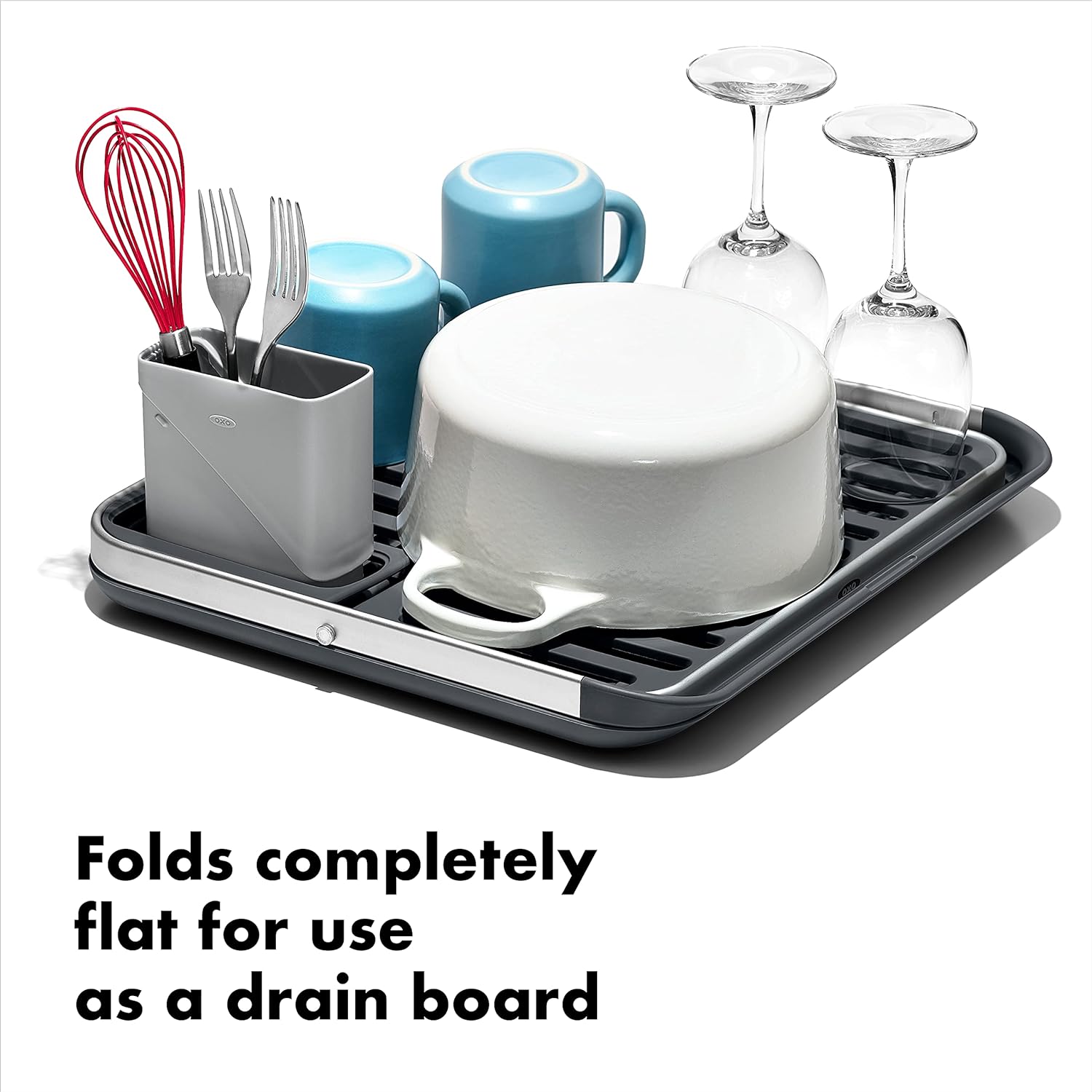 OXO Good Grips Aluminum Fold Flat Dish Drying Rack, 2-Tier, with Drainboard,  for Kitchen Counter, Collapsible
