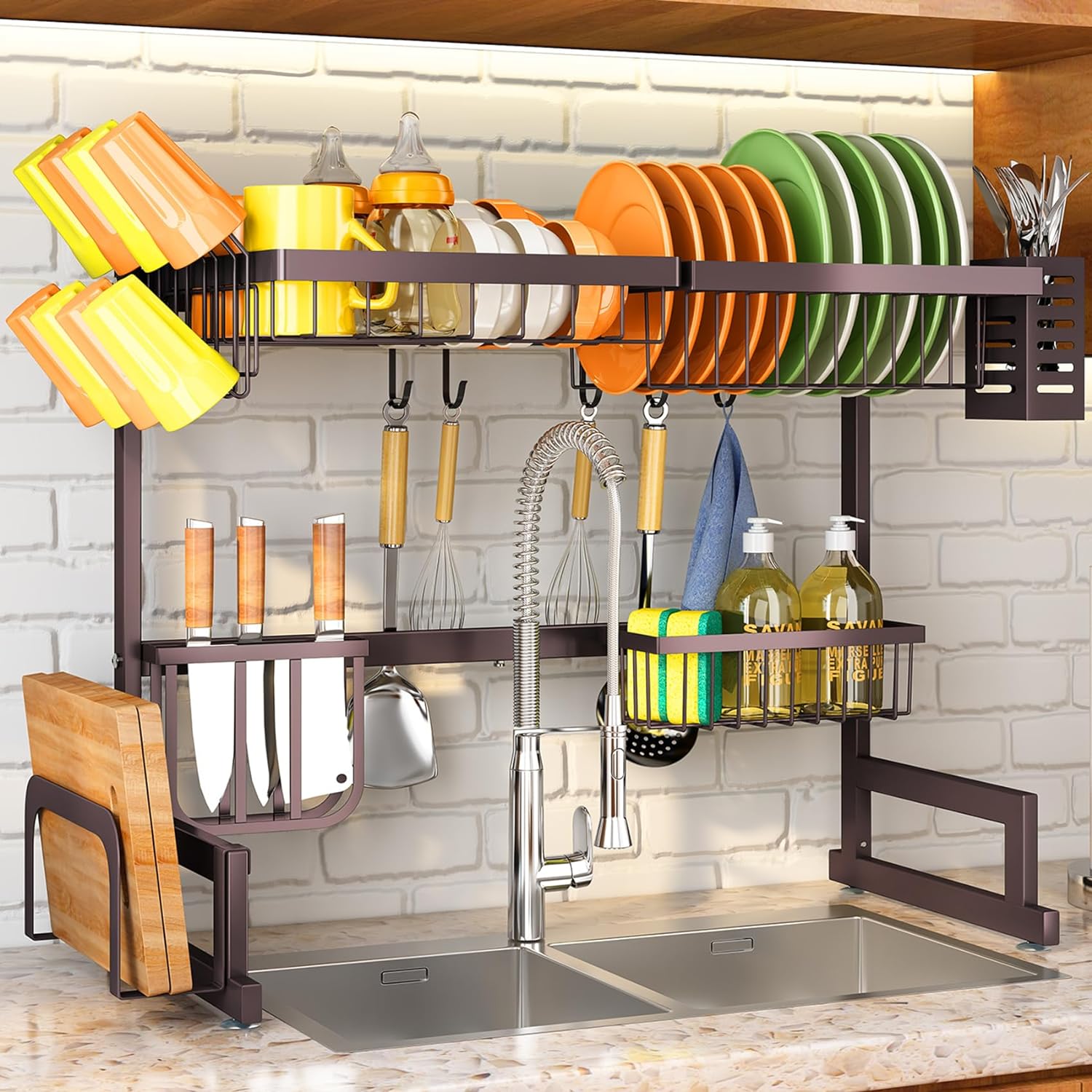 Over The Sink Dish Drying Rack, Adjustable (26.8 to 34.6) Large Dish  Drying Rack for Kitchen Counter with Multiple Baskets Utensil Sponge Holder  Sink Caddy, 2 Tier Brown