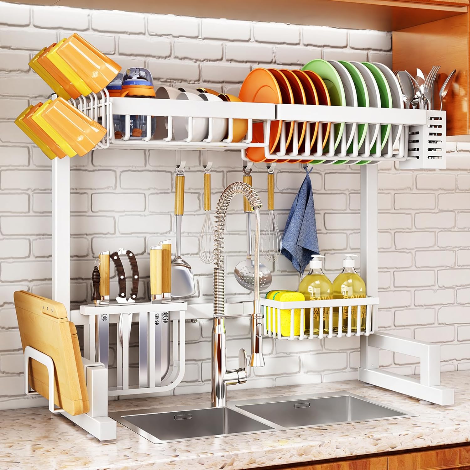 Over The Sink Dish Drying Rack, Adjustable (26.8 to 34.6) Large Dish  Drying Rack for Kitchen Counter with Multiple Baskets Utensil Sponge Holder  Sink Caddy, 2 Tier White