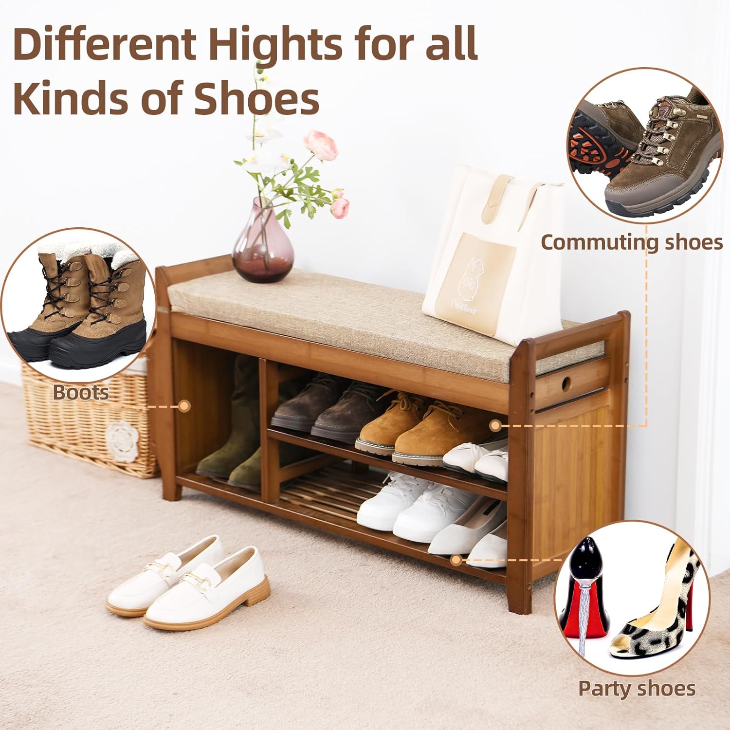 PETKABOO 2 Tier Shoe Bench, Shoe Rack with Hidden Drawer and Side Holder,  Shoe Storage Bench Organizer for Entryway Hallway Living Room, Bamboo
