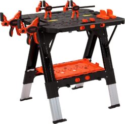 Pony Portable Folding Work Table, 2-in-1 as Sawhorse & Workbench, Load Capacity 1000 lbs-Sawhorse & 500 lbs-Workbench, 31” W×25” D×25”-32”H, with 4pcs Clamps, 4pcs Bench Dogs, 2pcs Safety Straps