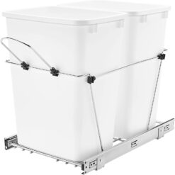 Rev-A-Shelf Double Pull Out Trash Can for Under Kitchen Cabinets 35 Qt 12 Gal Garbage Recycling Bin on Full Extension Slides, White, RV-18KD-11C S