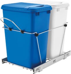 Rev-A-Shelf Double Pull Out Trash Can for Under Kitchen Cabinets 35 Qt 12 Gal Garbage Recyling Bin on Full Extension Slide, Blue/White, RV-18KD-11RC-S