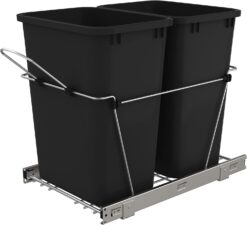 Rev-A-Shelf Double Pull Out Trash Can for Under Kitchen Cabinets 35 Qt 12 Gal Garbage Recyling Bin on Full Extension Slides, Black, RV-18KD-18C S