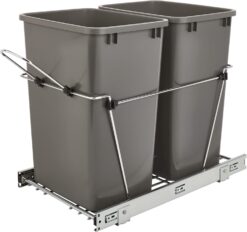HIDEAWAY YOUR TRASH: Keep your kitchen waste and recycling container hidden but easily accessible with this double 35-quart pull-out system; Uses standard 12 gallon trash bags FULL-EXTENSION: Chrome-plated heavy-gauge wire construction frame effortlessly slides in and out on full-extension, ball-bearing, 100-pound rated slides EASY INSTALLATION: 4-screw installation that mounts to cabinet floor with optional door mount kit available (5WB-DMKIT sold separately) DIMENSIONS (W x D x H): 14.25