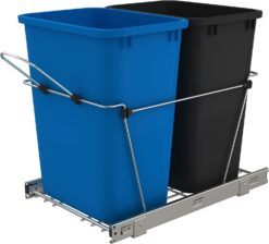 Rev-A-Shelf Double Pull Out Trash Can for Under Kitchen Cabinets 35 Qt 12 Gal Garbage Recyling Bin on Full Slides, Blue/Black, RV-18KD-2218C-S