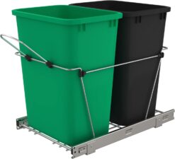 Rev-A-Shelf Double Pull Out Trash Can for Under Kitchen Cabinets 35 Qt 12 Gal Garbage Recyling Bin on Full Slides, Green/Black, RV-18KD-1918C-S