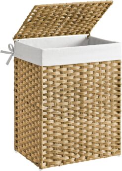 SONGMICS Handwoven Laundry Hamper, 23.8 Gal (90L) Synthetic Rattan Clothes Laundry Basket with Lid and Handles, Foldable, Removable Liner Bag, Natural ULCB51NL