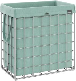 SONGMICS Laundry Hamper, 29 Gal (110L) Laundry Basket, Collapsible Clothes Hamper, Removable and Washable Liner, Metal Wire Frame, for Bedroom Bathroom, Silver and Mint Green ULCB111C01