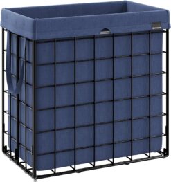 SONGMICS Laundry Hamper, 29 Gal. (110L) Laundry Basket, Collapsible Clothes Hamper, Removable and Washable Liner, Metal Wire Frame, for Bedroom Bathroom, Black and Charcoal Blue ULCB111Q01