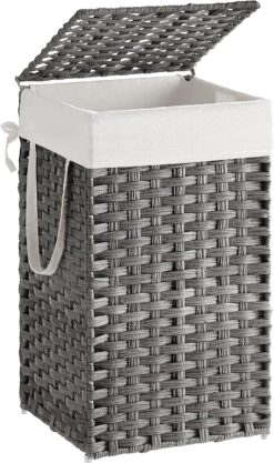 SONGMICS Laundry Hamper with Lid, 17.2 Gallon (65L) Synthetic Rattan Clothes Laundry Basket with Lid and Handles, Foldable, Removable Liner, Gray ULCB165G01