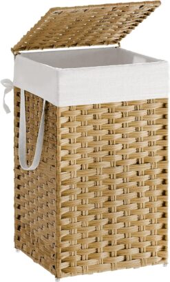 SONGMICS Laundry Hamper with Lid, 17.2 Gallon (65L) Synthetic Rattan Clothes Laundry Basket with Lid and Handles, Foldable, Removable Liner, Natural ULCB165N01