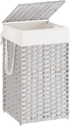 SONGMICS Laundry Hamper with Lid, 17.2 Gallon (65L) Synthetic Rattan Clothes Laundry Basket with Lid and Handles, Foldable, Removable Liner, White ULCB165W01