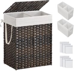 SONGMICS Laundry Hamper with Lid, 90L Clothes Hamper with 2 Removable Liner Bags & 6 Mesh Bags, Wicker Laundry Basket, Double Laundry Hamper for Bathroom, 13 x 18.1 x 23.6 Inches, Brown ULCB251K01V1