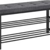 SONGMICS Shoe Bench, 3-Tier Shoe Rack for Entryway, Storage Organizer with Foam Padded Seat, Linen, Metal Frame, for Living Room, Hallway, 12.2 x 39.4 x 19.3 Inches, Dark Gray and Black ULBS579B33