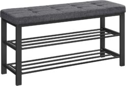 SONGMICS Shoe Bench, 3-Tier Shoe Rack for Entryway, Storage Organizer with Foam Padded Seat, Linen, Metal Frame, for Living Room, Hallway, 12.2 x 39.4 x 19.3 Inches, Dark Gray and Black ULBS579B33
