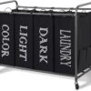 STORAGE MANIAC Laundry Sorter, Divider with Side Pockets, Multi Separator Hamper Removable Bags and Rolling Lockable Wheels, Organizer Hamper, 4 Section Black
