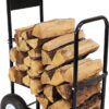 Sunnydaze Outdoor Firewood Log Cart with Pneumatic Tires - Black Steel Rolling Wood Carrier