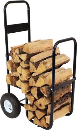 Sunnydaze Outdoor Firewood Log Cart with Pneumatic Tires - Black Steel Rolling Wood Carrier