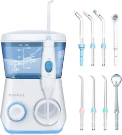 TUREWELL Water Flossing Oral Irrigator, 600ML Dental Cleaner 10 Adjustable Pressure, Electric Oral Flosser for Teeth/Braces, 8 Water Jet Tips for Family (White)