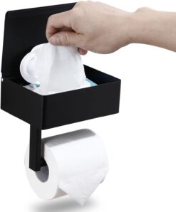 Day Moon Designs Toilet Paper Holder & Flushable Wet Wipes Dispenser for Bathroom | Adult, Men, Women, Feminine Wipe Storage Built-in | Stainless Steel Wall Mount (Black, Small)
