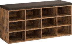 VASAGLE Shoe Bench with Cushion, Storage Bench with Padded Seat, Entryway Bench with 12 Compartments, Adjustable Shelves, for Bedroom, 11.9 x 40.9 x 18.9 Inches, Rustic Brown and Brown ULHS012B01