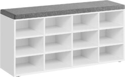 VASAGLE Shoe Bench with Cushion, Storage Bench with Padded Seat, Entryway Bench with 12 Compartments, Adjustable Shelves, for Bedroom, 11.9 x 40.9 x 18.9 Inches, White and Gray ULHS012W14