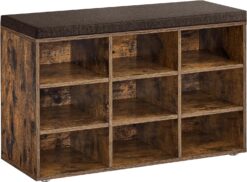 VASAGLE Shoe Bench with Cushion, Storage Bench with Padded Seat, Entryway Bench with 9 Compartments, Adjustable Shelves, for Bedroom, 11.9 x 30.9 x 18.9 Inches, Rustic Brown and Brown ULHS009B01
