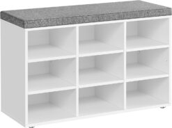 VASAGLE Shoe Bench with Cushion, Storage Bench with Padded Seat, Entryway Bench with 9 Compartments, Adjustable Shelves, for Bedroom, 11.9 x 30.9 x 18.9 Inches, White and Gray ULHS009W14