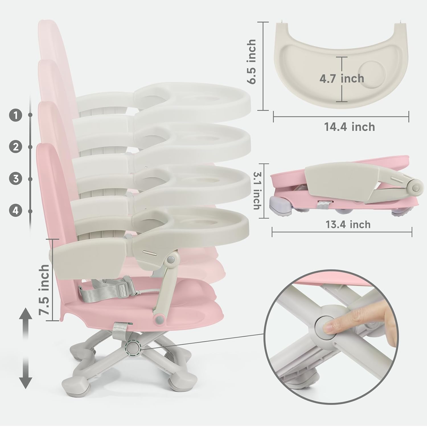 Yoleo Baby High Chair Booster Seat for Dining Table, Adjustable Height Travel Booster Seat with Tray, Grey