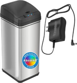 iTouchless 13 Gallon Sensor Trash Can Battery-Free Automatic Bin with Odor Filter, for Kitchen and Office, Black and Stainless Steel, Ac Adapter