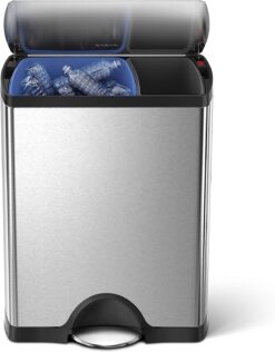 simplehuman Rectangular Dual Compartment Recycling Kitchen Step Trash Can, 46 Liter, Brushed Stainless Steel