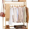 COPREE Bamboo Garment Coat Clothes Hanging Heavy Duty Rack with top Shelf and Shoe Clothing Storage Organizer Shelves