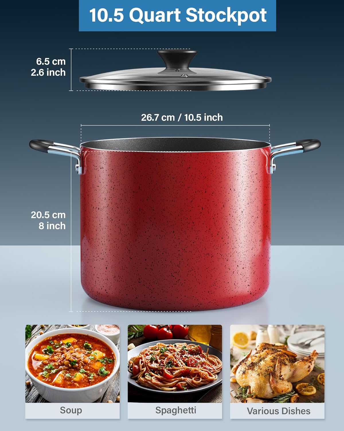 Cook N Home Nonstick Stockpot with Lid 10.5-QT, Professional Deep Cooking  Pot Canning Cookware Stock Pot with Glass Lid, Marble Red