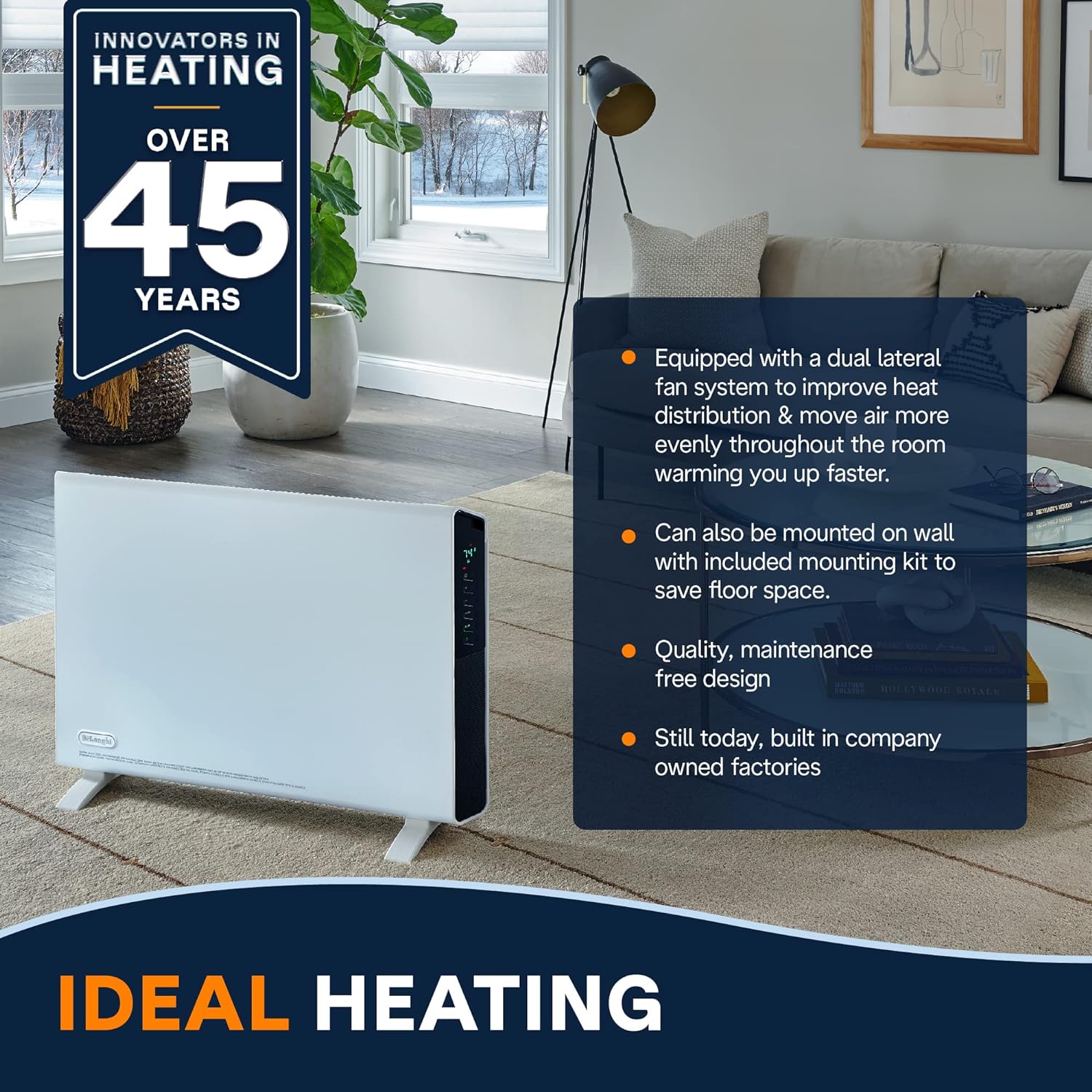 De'Longhi Convection Panel Heater, Full Room Quiet 1500W, portable electric heater is Freestanding easily Wall Mounted, Energy Saving, quick heat distribution, Thermostat, Timer, HCX9115E White4