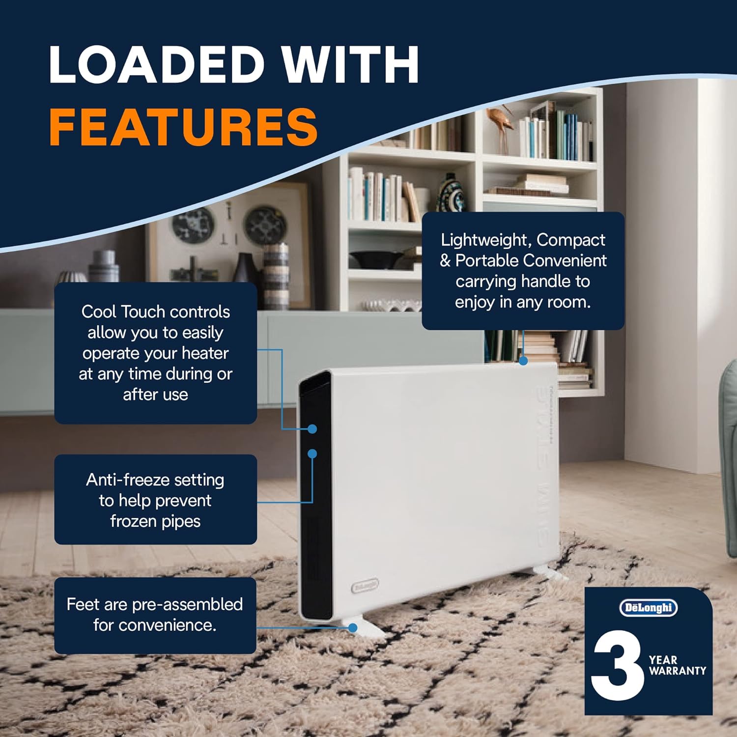 De'Longhi Convection Panel Heater, Full Room Quiet 1500W, portable electric heater is Freestanding easily Wall Mounted, Energy Saving, quick heat distribution, Thermostat, Timer, HCX9115E White6