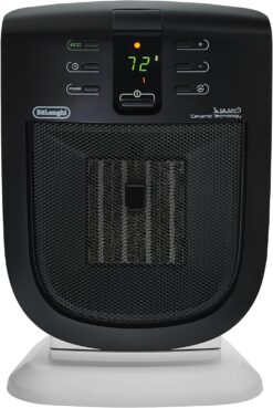 DeLonghi Space Heater, 1500W ceramic electric space heater for indoor use, offers fast heating for bedroom office/desk, quiet technology, washable dust filter, thermostat, fan only option, DCH5915ER