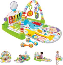 Fisher-Price Baby Playmat Deluxe Kick & Play Piano Gym & Maracas with Smart Stages Learning Content,5 Linkable Toys & 2 Soft Rattles