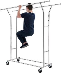 HOKEEPER Clothes Rack Heavy Duty Load 400Lbs, Rolling Clothing Racks for Hanging Clothes, Commercial Garment Rack, Collapsible ＆ Portable Clothes Rack with Wheels and Adjustable Shelves