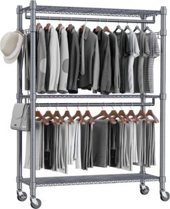 Homdox 3 Shelves Wire Shelving Clothing Rolling Rack Heavy Duty Commercial Grade Garment Rack with Wheels and Side Hooks (One Pair Hook and Two Hanging Rods Gray)