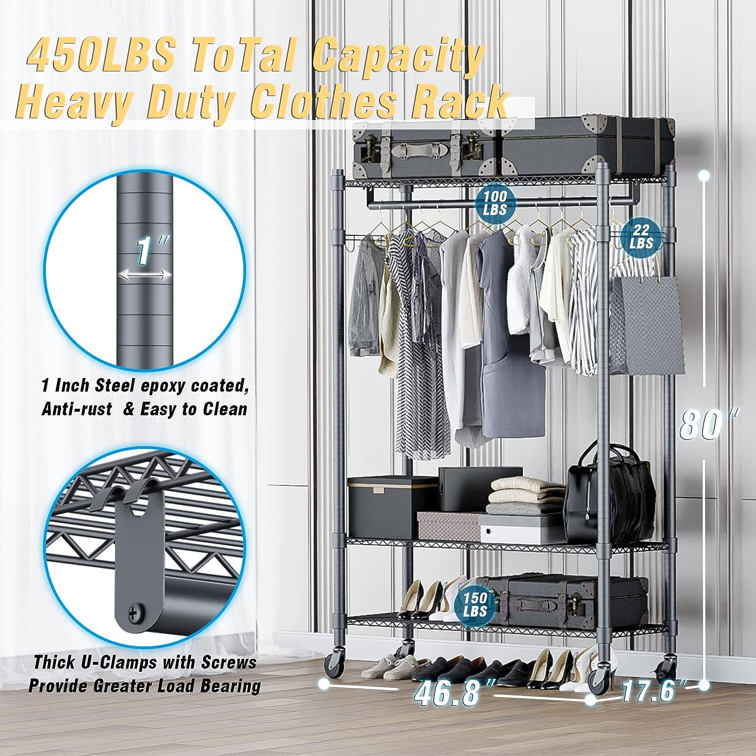 Homdox 3 Shelves Wire Shelving Clothing Rolling Rack Heavy Duty Commercial  Grade Garment Rack with Wheels and Side Hooks (One Pair Hook and Two  Hanging Rods Gray)