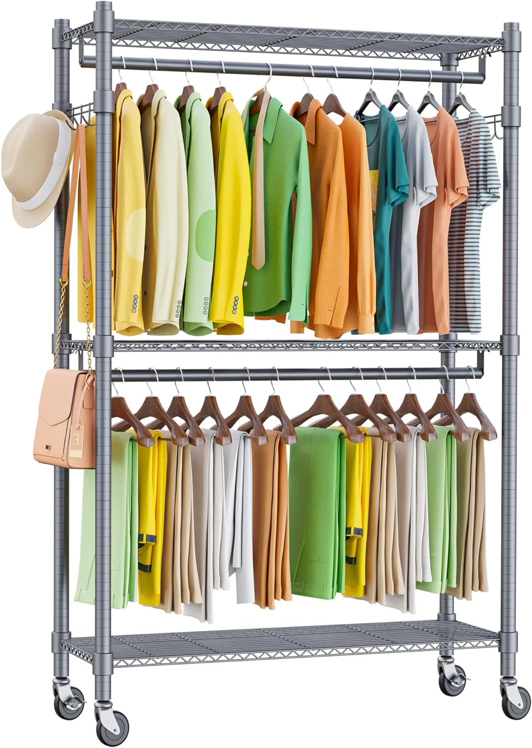 Portable Clothes Rack, Heavy Duty Hanging Garment Rack with Wheels and Side Hooks, 3 Shelves Wire Shelving Rack with Hanger Rods, Freestanding Closet