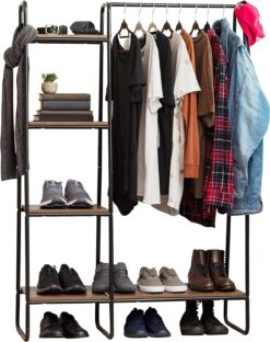 IRIS Metal Garment Rack with Wood Shelves, Black and Dark Brown, PI-B3