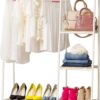 IRIS Metal Garment Rack with Wood Shelves, White and Light Brown