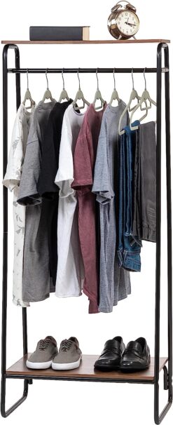 IRIS USA Metal Garment Rack with 2 Wood Shelves, Black and Dark Brown