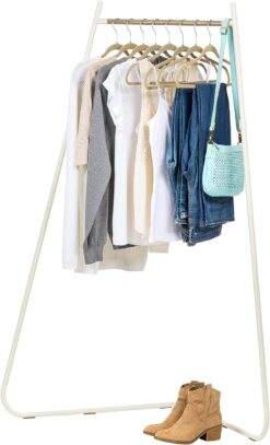 IRIS USA Stylish Corner Clothes Rack for Hanging Clothes, Easy to Assemble, Freestanding Metal Sturdy Garment Rack, Small Space Storage Solution, Modern Versatile Design, Boutique Style, White