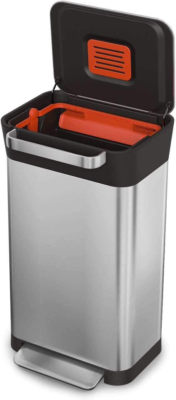 Joseph Joseph Intelligent Waste Titan Trash Can Compactor with Odor Filter,  Holds Up to 90L After Compaction, Stainless Steel, 30L